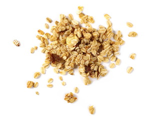 Crunchy granola, muesli pile isolated on white, top view