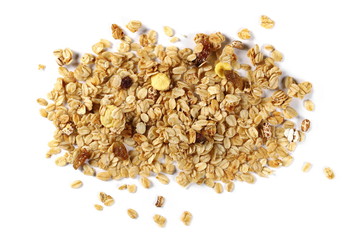 Crunchy granola, muesli pile isolated on white, top view
