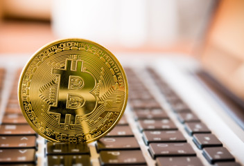 Bitcoin on blurred laptop. Virtual currency wallet bitcoin gold tower and printed encrypted money with qr code cryptocurrency.Digital money concept.