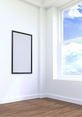 interior mock up blank poster on the white wall of room, 3D illustration background