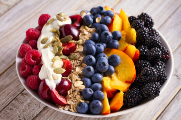 Healthy breakfast bowl - berries, muesli, fruits, yogurt and sunflower seeds. Healthy detox morning meal
