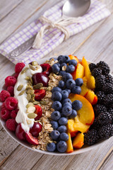 Healthy breakfast bowl - berries, muesli, fruits, yogurt and sunflower seeds. Healthy detox morning meal