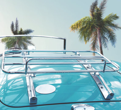 Fototapeta Summer car and background of palms and sea. 