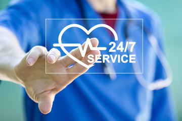Doctor pushing button heart pulse 24 hours service healthcare in network on virtual panel medicine - 212104872