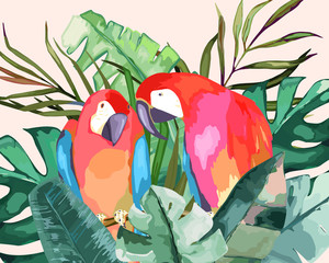 Summer frame with tropical jungle leaves and parrot.Vector aloha illustration. Watercolor style