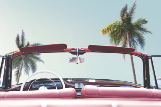 Fototapeta Summer car and background of palms and sea. 