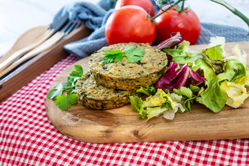 Vegetarian food Wheat Gluten Steaks with spinach