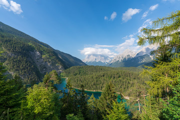 bewölkte Zugspitze mit Blindsee und Wald