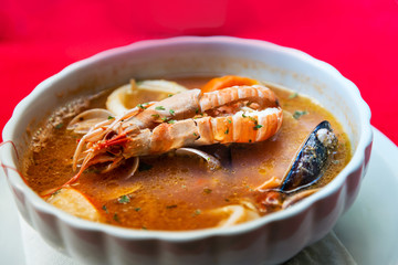 closeup mix seafood soup pot