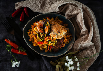 Prawn with rice - closeup of prawn with rice - traditionnal spanish food paella
