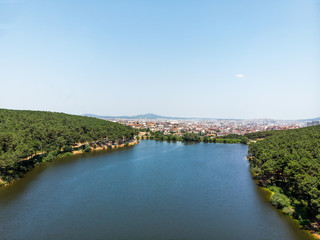 Fototapeta na wymiar Aerial Drone View of Aydos Forest Lake in Istanbul