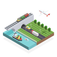 Isometric different transportation vehicles. Delivery and logistics concept. Rail transportation, air cargo, maritime shipping and road freight transport. Vector illustration on white background