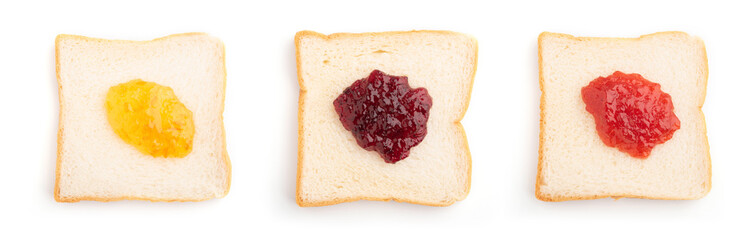 slice of bread with strawberry, orange and blueberries jam isolated