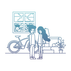 couple in the livingroom with houseplants and bicycle vector illustration