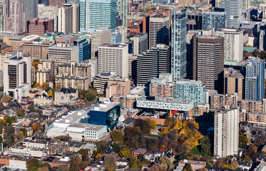 Aerial of downtown Toronto including the Art Gallery of Ontario, AGO and Ontario College of Art and Design, OCAD.