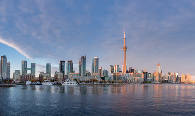Toronto cityscape from the islands at dusk.