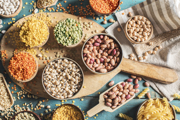 Various dried legumes high angle view