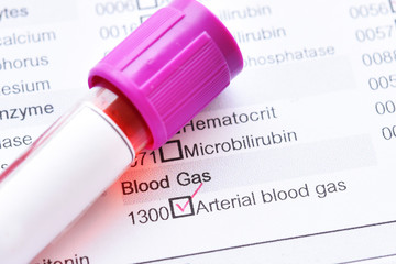 Blood sample tube with laboratory requisition form for arterial blood gas test