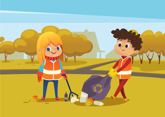 Boy and girl wearing orange vests collect rubbish for recycling at park. Kids gathering plastic bottles and garbage for recycling. Boy throws litter into bin. Early childhood education.Vector