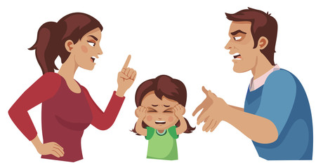 husband and wife quarrel, scared doughter covering her ears with her hands. parental divorce and children. cartoon vector illustration.