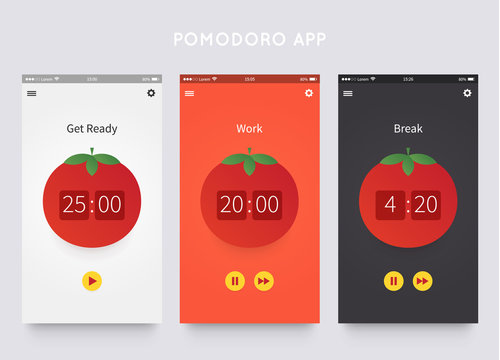 Pomodoro technique. App ui design template with pomodoro clock. Time management. Vector illustartion