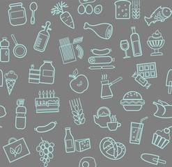 Food, seamless pattern, contour, gray-blue, grocery store, vector. Food and drinks, production and sale. Vector background. Blue line icons on the gray box.  