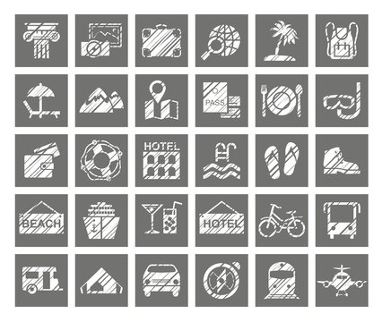 Travel, vacation, tourism, vacation, icons, pencil shading, vector. Different types of holidays and ways of travelling. Square one-color icons. Simulation of shading. Vector clip art.  