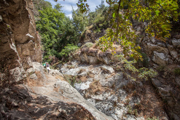 Beautiful narrow hike path alongside the creak at Santa Anita Canyon, Angeles National Forest, San Gabriel Mountain Range near Los Angeles, California, USA