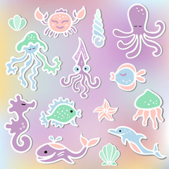 Vector set met Mermaid& 39 s vrienden: octopus, dolfijn, walvis, zee hourse, krab. Oceaandieren als sticker, patch, stick cake toppers. Rekwisieten voor het eerste jaar babyjubileum, verjaardag, Under the Sea-feest.