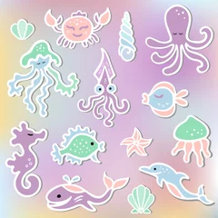 Wall murals Sea life Vector set with Mermaid's friends: octopus, dolphin, whale, sea hourse, crab. Ocean animals as sticker, patch, stick cake toppers. Props for First Year Baby Anniversary, Birthday, Under the Sea party.