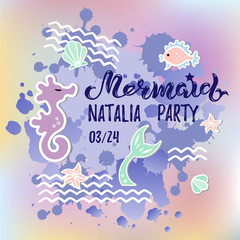 Fototapeta na wymiar Mermaid Party text isolated on background. Hand drawn lettering Mermaid as logotype, badge, patch, icon. Template for Mermaid party, birthday, invitation, flyers, baby birth, Under the Sea Party, web