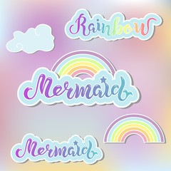 Vector set with Mermaid, Rainbow, clouds. Handwritten lettering Mermaid, Rainbow as patch, logo, icon, stick cake toppers, laser cut plastic, wooden toppers. Props for Mermaid, Rainbow party, Birthday