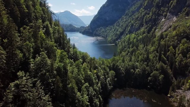 Flight over Toplitzsee (Toplitz lake) and Kammersee mountain lakes, in Salzkammergut, Styria, Austria.