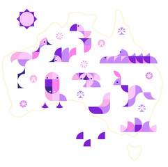 Nursery Childish Seamless Pattern Background with australian animals and landmarks. Decorativ Style Trendy Textile, Wallpaper, Wrapping Paper, Kids Apparel Design. Vector illustration.