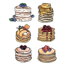 Set of pancakes with different toppings on white background.