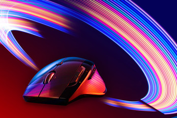 High technology computer gaming mouse in dark blue tone on the metal surface