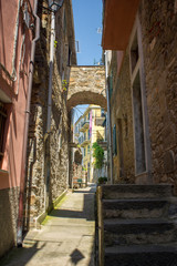 Fototapeta na wymiar Vertical View of a Street inside Corniglia, in the Italian National Park of the Cinque Terre.