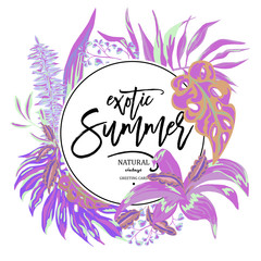 Vector summer tropical leaves, exotic greeting card