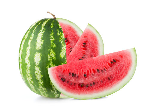 One chopped, watermelon fruit with a red cut out slice isolated on white background