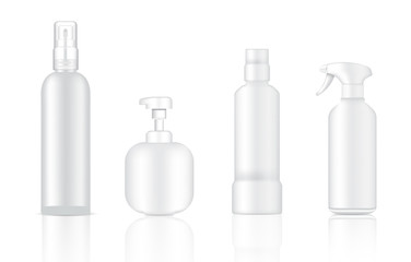 Mock up Realistic White Cosmetic Soap, Shampoo and Spray Luxury Bottles Set Background Illustration