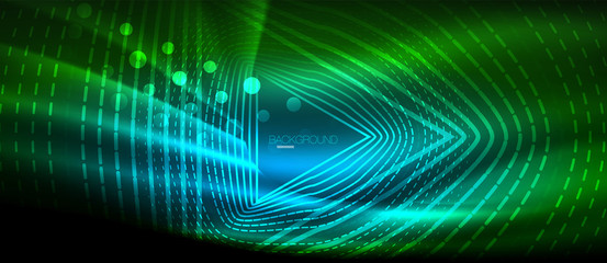 Neon glowing wave, magic energy and light motion background. Wallpaper template, hi-tech future concept