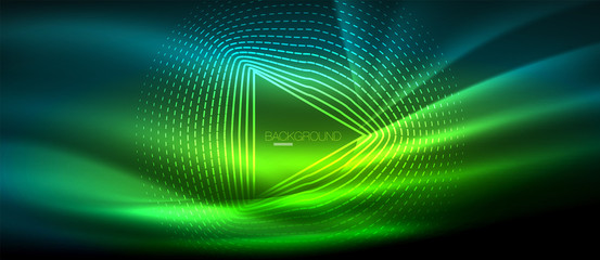 Neon glowing wave, magic energy and light motion background. Wallpaper template, hi-tech future concept