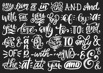 Handwritten catchwords and ampersands vector set.Calligraphy collection of conjunctions,prepositions on black background