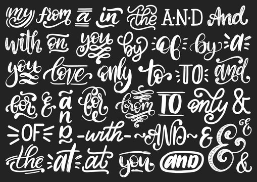 Handwritten catchwords and ampersands vector set.Calligraphy collection of conjunctions,prepositions on black background