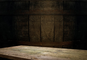 background of barrel and worn old table of wood
