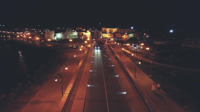Aerial view of Bridge before Fortifications at the entrance of Nesebar Old town at night -Ancient city in Bulgaria ,old Architecture