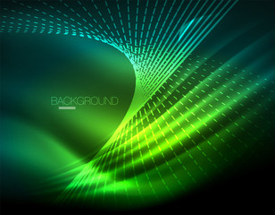 Fototapeta premium Smooth light effect, straight lines on glowing shiny neon dark background. Energy technology idea