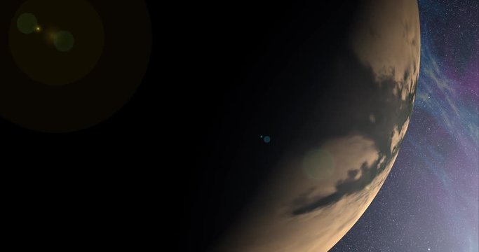 Coming around to the lit side of Titan, in medium orbit. Lens fx, nebulae. Reversible, can be rotated 180 degrees. Elements of this image furnished by NASA.