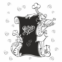 Menu. Chef and cat cook in cartoon style. Chalk on the menu Board. Bon appetit. Lettering. For children.  Vector illustration