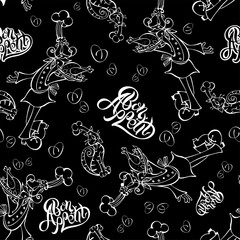 Seamless pattern. The theme of the kitchen. Cheerful chef and cook cat. Bon appetit. Lettering. Print for kitchen and cafe. The effect of blackboard with chalk drawing. Vector.